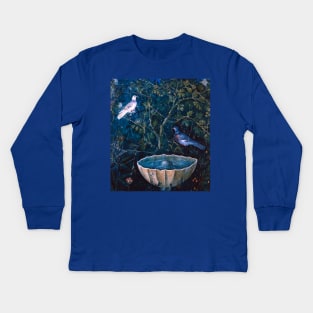 POMPEII COLLECTION DOVES AND FOUNTAIN  IN GARDEN ,BLUE  GREEN FLORAL Kids Long Sleeve T-Shirt